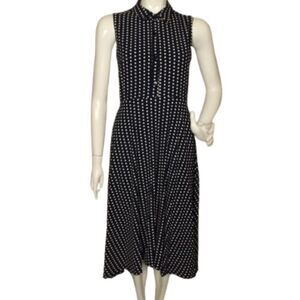 LESLIE FAY Dress, 10, Navy/White Polka Dots, Sleeveless/Collar, Side Zip